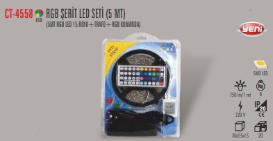 CATA RBG ŞERİT LED (15 RENK) ADAPTÖR VE KUMANDA (5 METRE) CT-4558